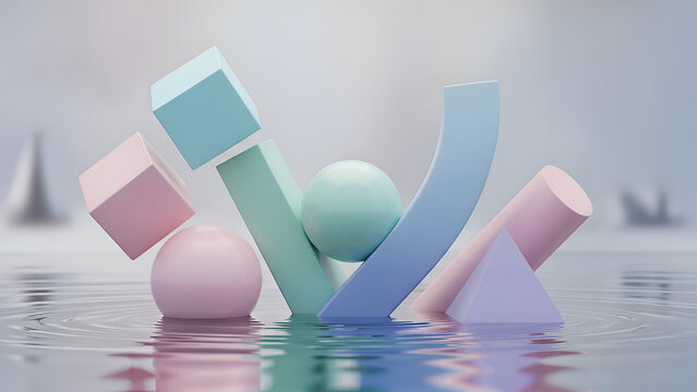 Colorful geometric shapes floating on water with reflections - Powered by Adobe