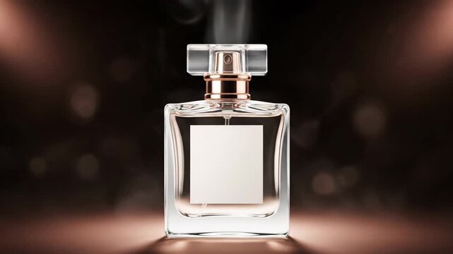 Elegant clear glass perfume bottle with a blank label and gold accents, illuminated by warm spotlights on a dark background.
