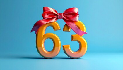 Number 63 wrapped with a festive ribbon. Image for birthday or anniversary party