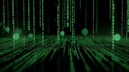 Futuristic Green Digital Code Rain Background with Falling Data Stream and Bokeh Lights