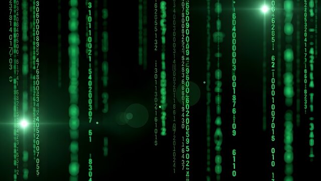 Digital data stream: Green binary code falling on black background with glowing lens flares, tech and virtual reality concept - Powered by Adobe