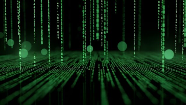 Futuristic Green Digital Code Rain Background with Falling Data Stream and Bokeh Lights - Powered by Adobe
