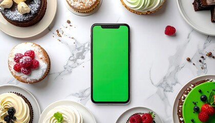 Delicious baked goods and a modern smartphone with a green screen on a marble surface, perfect for food apps or online ordering