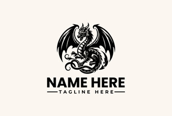 Obraz premium A black dragon logo with wings spread wide and a placeholder text for 'NAME HERE' and 'TAGLINE HERE' on a plain beige background, featuring a vector illustration style with iconic graphic