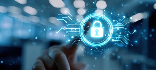 The padlock icon representing cybersecurity and data protection on a futuristic digital interface