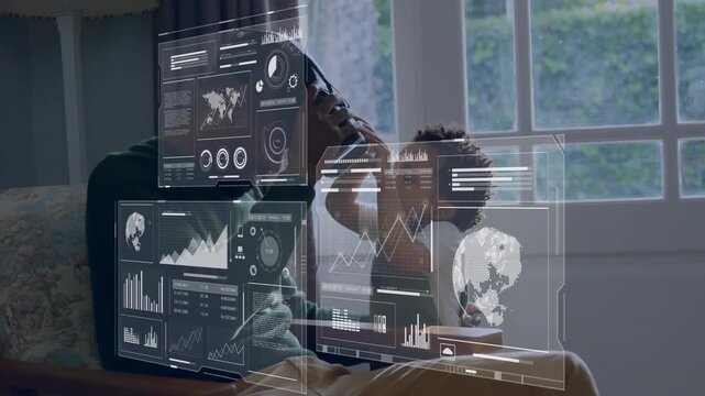 Animation of financial data processing over man using vr headset