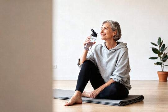 Confident Mature Woman Cooling Down After Exercise, Menopause Wellness, Home Workout Lifestyle