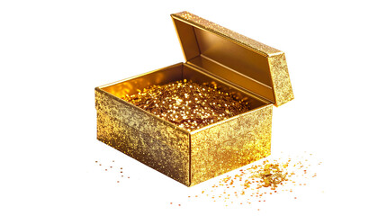 A small, gold, glitter-covered box with the lid slightly ajar, filled with loose glitter isolated on solid white background1