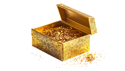 A small, gold, glitter-covered box with the lid slightly ajar, filled with loose glitter isolated on solid white background1