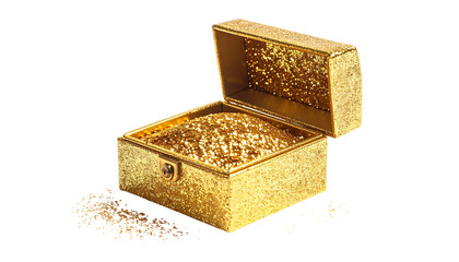 A small, gold, glitter-covered box with the lid slightly ajar, filled with loose glitter isolated on solid white background2