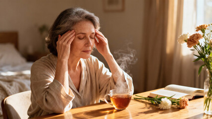 Tired Mature Woman Drinking Herbal Tea, Menopause Wellness, Relaxation and Emotional Balance