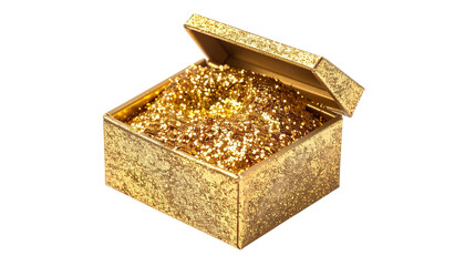 A small, gold, glitter-covered box with the lid slightly ajar, filled with loose glitter isolated on solid white background