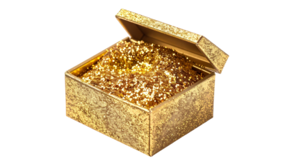 A small, gold, glitter-covered box with the lid slightly ajar, filled with loose glitter isolated on solid white background