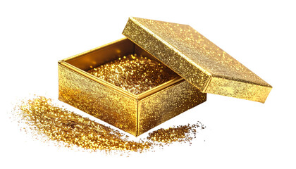 A small, gold, glitter-covered box with the lid slightly ajar, filled with loose glitter isolated on solid white background3