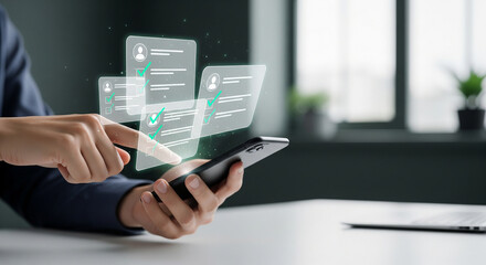 Person using smartphone to review digital profiles and checklists, modern technology concept