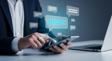 Business professional receiving digital customer feedback on a smartphone with glowing icons