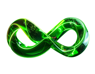 Glowing green infinity symbol, shiny, transparent, reflections on black