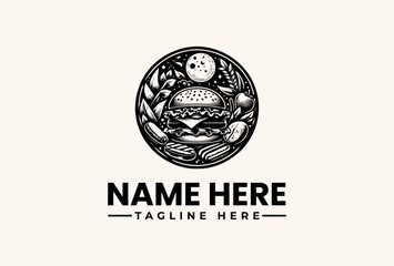 Black and white illustration of a burger logo with vegetables and a moon on a clean background with placeholder text for a name and tagline.