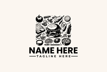 Black and white illustration of various food items and utensils surrounding a burger with text placeholder 'NAME HERE' and 'TAGLINE HERE' in a clean design.