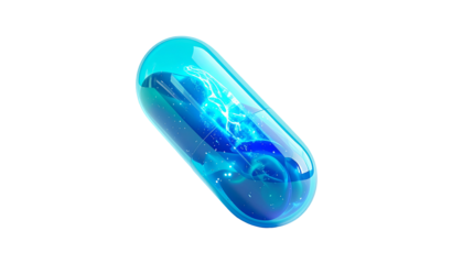 Glowing blue capsule with swirling energy against a black background