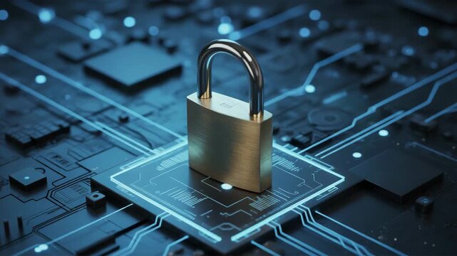 Golden padlock on futuristic circuit board representing cybersecurity and data protection technology