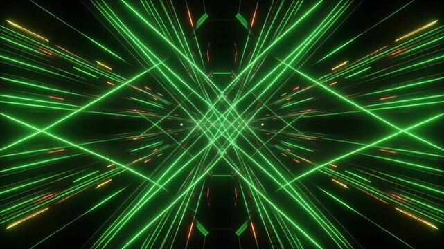 Green laser show with crisscrossing random motion with black background, part 2