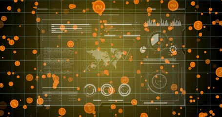 Animated flat design dashboard showing floating orange dollar coins flowing over charts and heatmap - Powered by Adobe