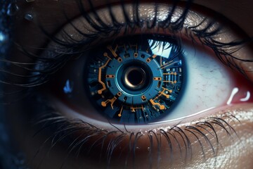 Close up of a bionic eye showcasing advanced technology integrating with human biology, enhancing vision and perception