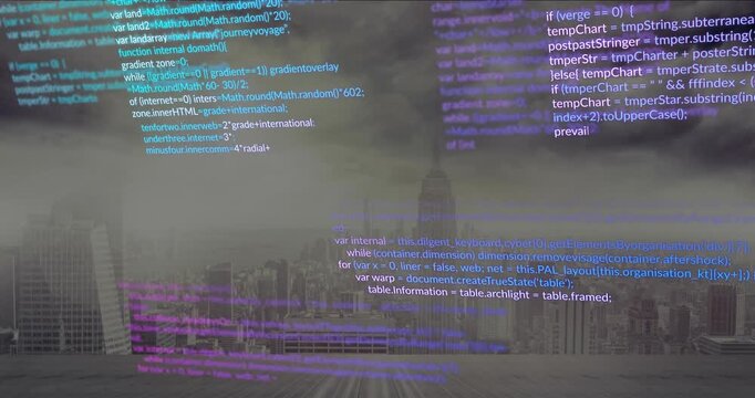 Animation of colorful programming code over cityscape with skyscrapers in background