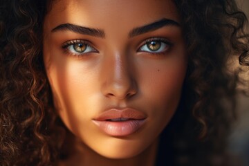 Naklejka premium Portrait of a woman with curly hair and hazel eyes illuminated by soft sunlight