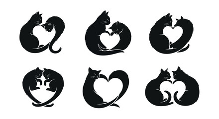 Obraz premium Collection of Vector Cat Silhouettes in Heart Shapes Depicting Affection, Love, and Companionship Perfect for Animal Themed Designs, Pet Store Graphics, and Loving Relationship Concepts