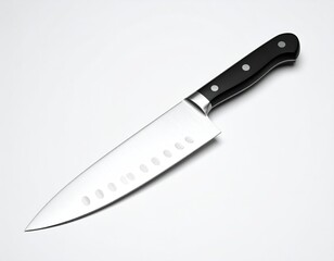 Kitchen knife, gleaming steel blade, black handle, sharp