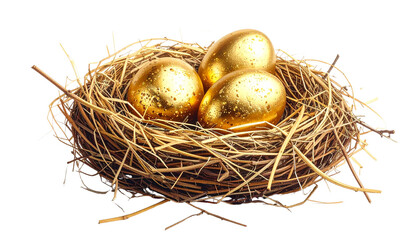 Fototapeta premium Elegant Easter nest with gold-accented eggs, refined straw texture, subtle metallic highlights, premium festive style, soft studio lighting, isolated on transparent background.