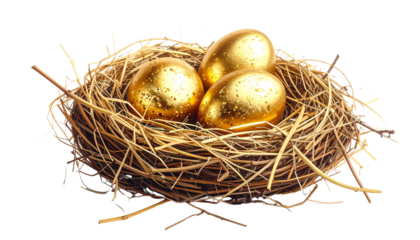 Elegant Easter nest with gold-accented eggs, refined straw texture, subtle metallic highlights, premium festive style, soft studio lighting, isolated on transparent background.
