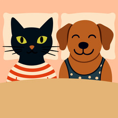 Pet shop advertisement. Black cat and brown dog lying in bed on pillows, covered with blanket. Vector illustration