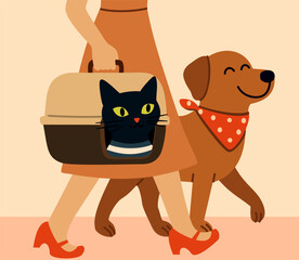 Pet shop advertisement. Woman walking brown dog with carrier in which black cat sits. Vector illustration