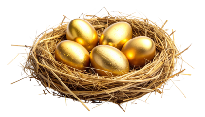 Elegant Easter nest with gold-accented eggs, refined straw texture, subtle metallic highlights, premium festive style, soft studio lighting, isolated on transparent background