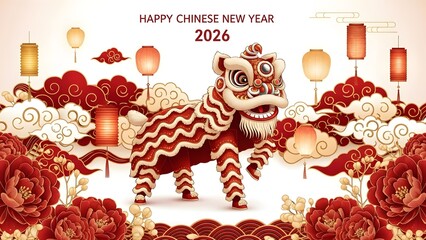 Vibrant Chinese New Year 2026 Celebration with Lion Dance and Lanterns.