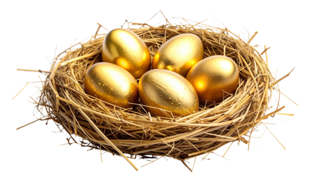 Elegant Easter nest with gold-accented eggs, refined straw texture, subtle metallic highlights, premium festive style, soft studio lighting, isolated on transparent background - Powered by Adobe