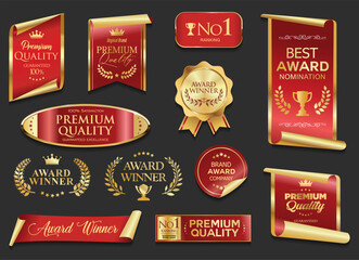 Award Winners gold and brown medal logo white emblems, premium quality badges and laurels collection golden award logo design isolated stock illustration
