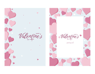 Set of two Valentine s Day greeting cards with pink and red hearts on light blue background and elegant Happy Valentine s Day text
