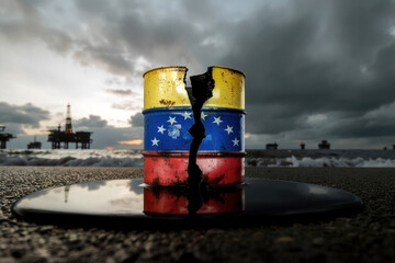 Obraz premium Symbolic cracked oil barrel painted in national flag of Venezuela with oil spill on coast, offshore rigs in background. Generative AI