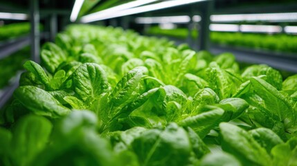 Rows of vibrant green lettuce growing in a modern indoor vertical farm under artificial LED lights.