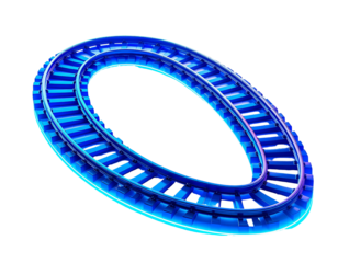 Illuminated blue looping train tracks isolated on black