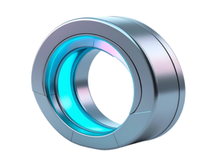 Futuristic, metallic ring with a glowing blue inner light