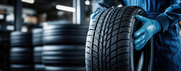 The Tire Being Inspected by a Gloved Technician in a Modern Garage