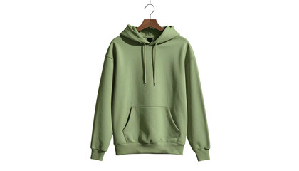 Naklejka premium A sage green hooded sweatshirt hangs, isolated against a solid black background