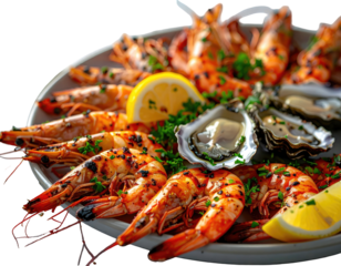 Grilled seafood platter with shrimp, oysters, and lemon garnish