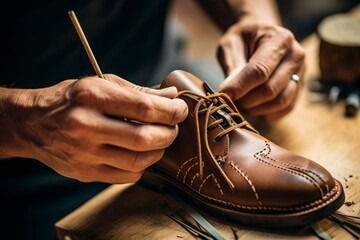 Shoemaker's hands working on a detailed, handmade leather shoe in a workshop