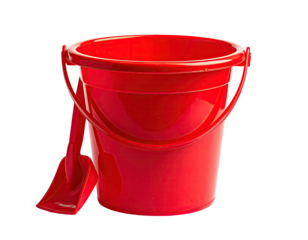 Bright red bucket and shovel, ready for sandy adventures